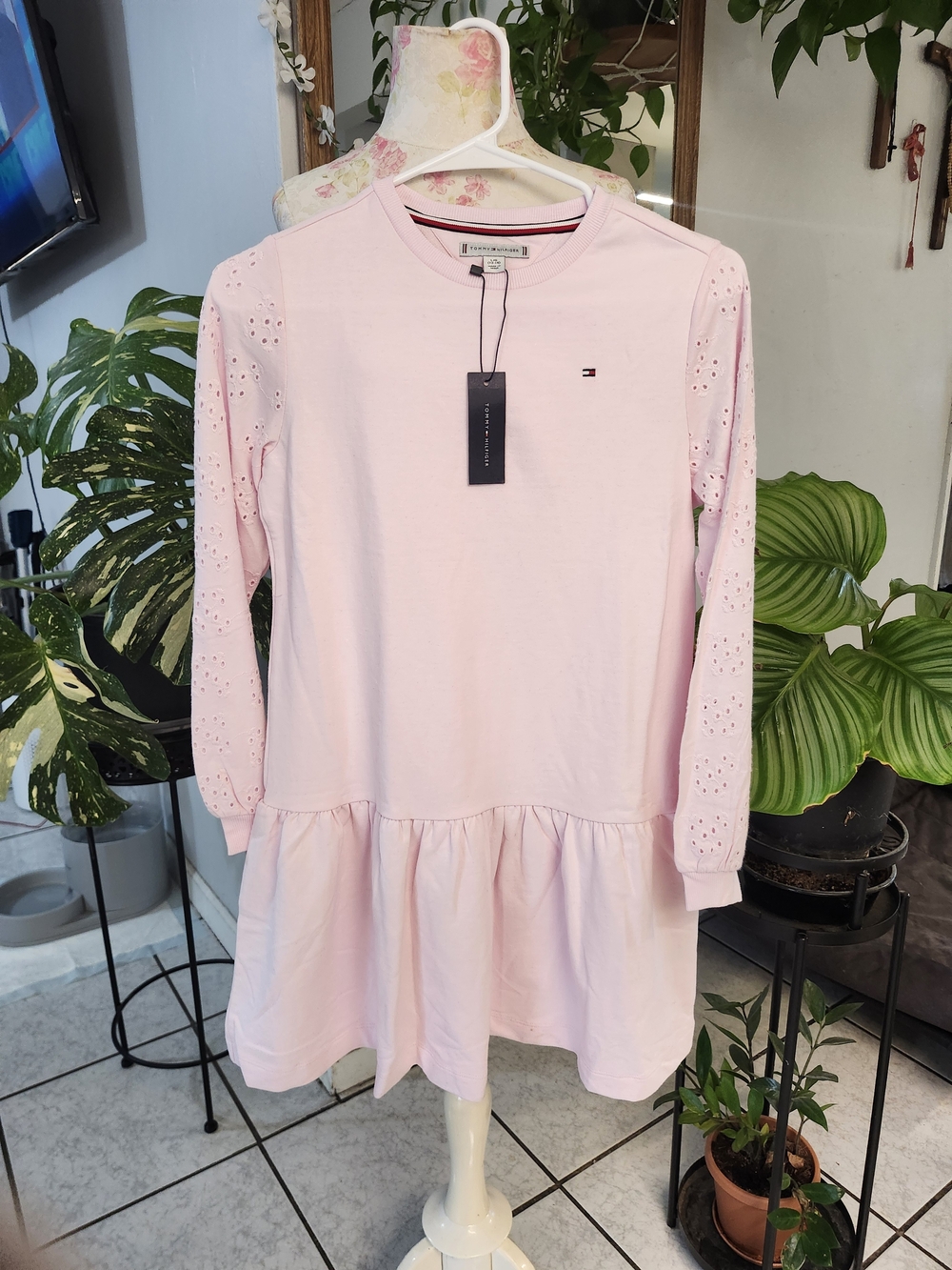Tommy Hilfiger Light Pink Eyelet-Sleeve Drop Hem Dress